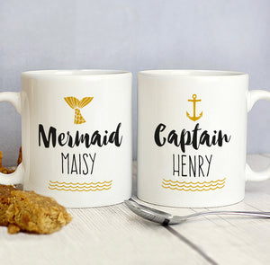 Personalised Mermaid and Captain Mug Set