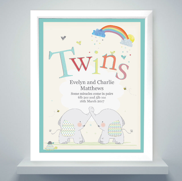 Personalised Hessian Elephant Twins White Framed Print