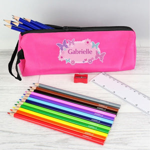 Pink Butterfly Pencil Case with Personalised Pencils & Crayons