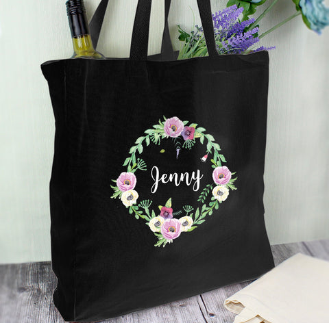 Personalised Floral Black Cotton Bag