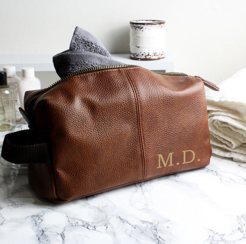 Personalised Luxury Initials Brown Leather Wash Bag