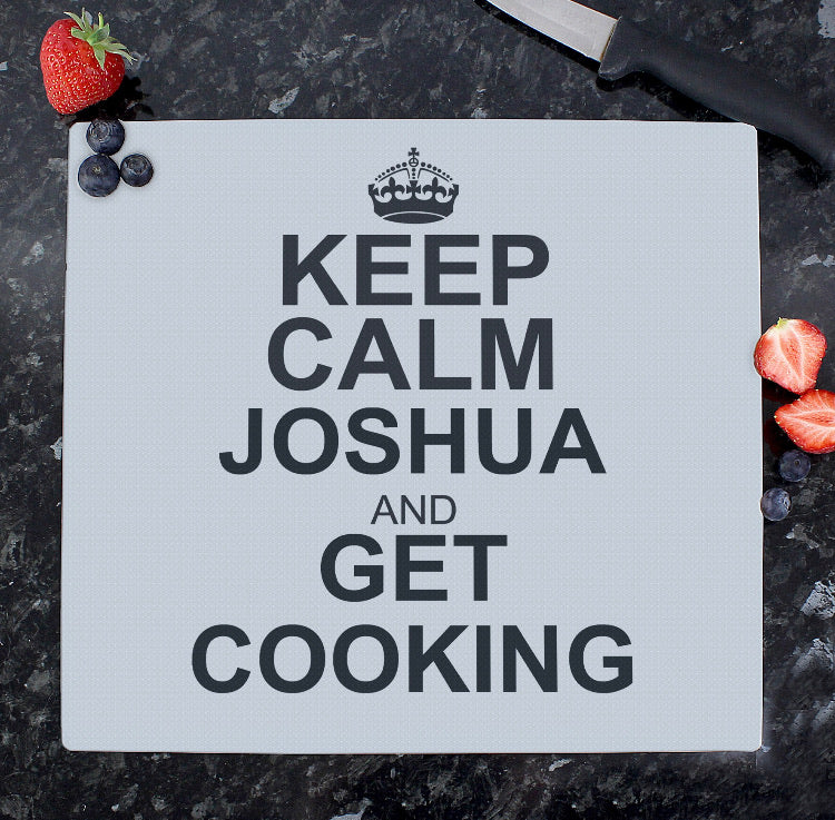 Personalised Keep Calm Glass Chopping Board/Worktop Saver