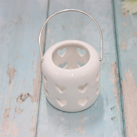 White Lantern With Cut Out Hearts Design