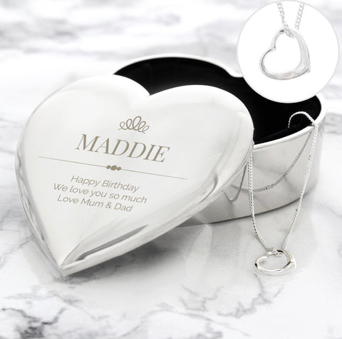 Personalised Elegant Crown Heart Trinket Box & Necklace Set