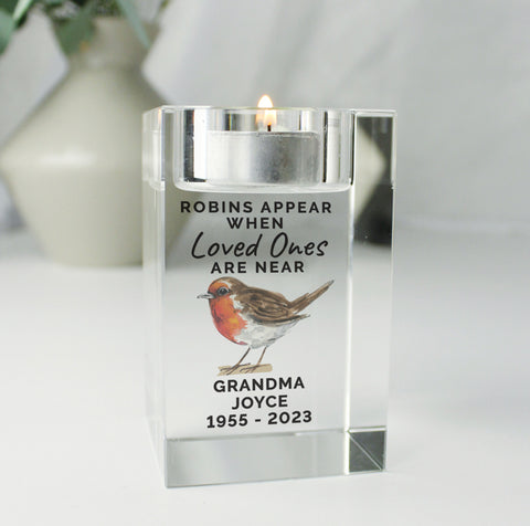 Personalised Robin Memorial Glass Tealight Holder