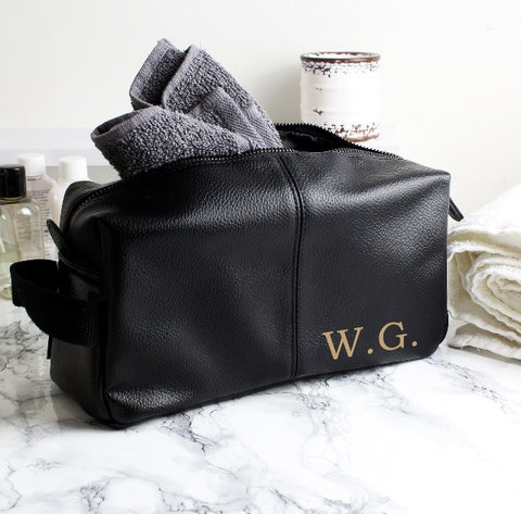 Personalised Luxury Initials Black Leather Wash Bag