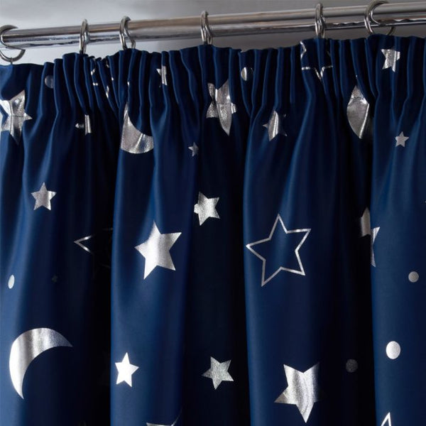 Galaxy Star Blackout Pencil Pleat Curtains - Navy Blue