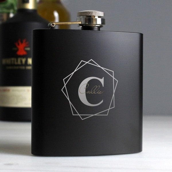 Personalised Geometric Initial Black Hip Flask