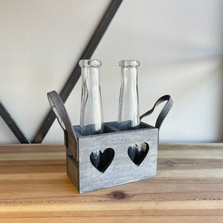 Grey Wooden Heart Tray With Bottles