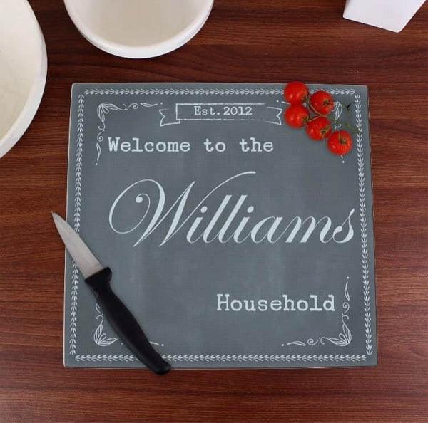 Personalised Family Chalk Glass Chopping Board/Workshop Saver