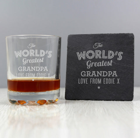 Personalised "The Worlds Greatest" Whisky Tumbler & Slate Coaster Set