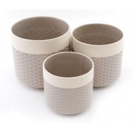 Set Of 3 Grey Woven Planters