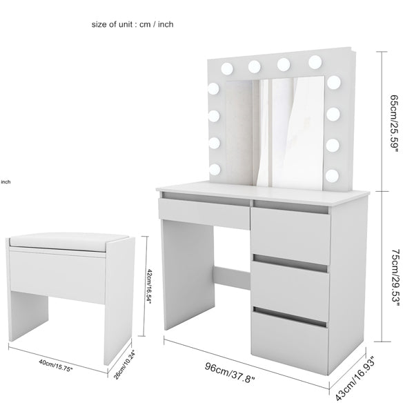 White Dressing Table Stool Set 4 Drawer 12 LED Bulbs Mirror Dresser Makeup Desk