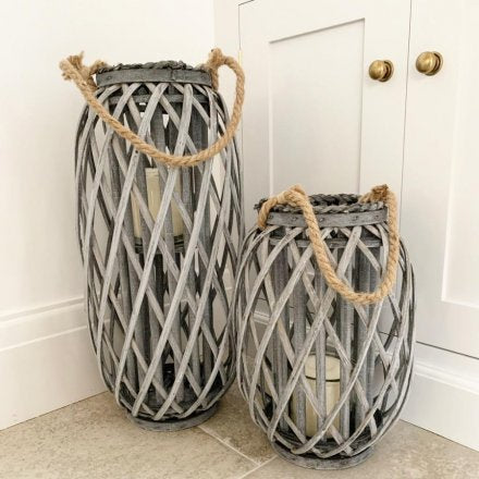 Woven Lantern With Rope - Grey