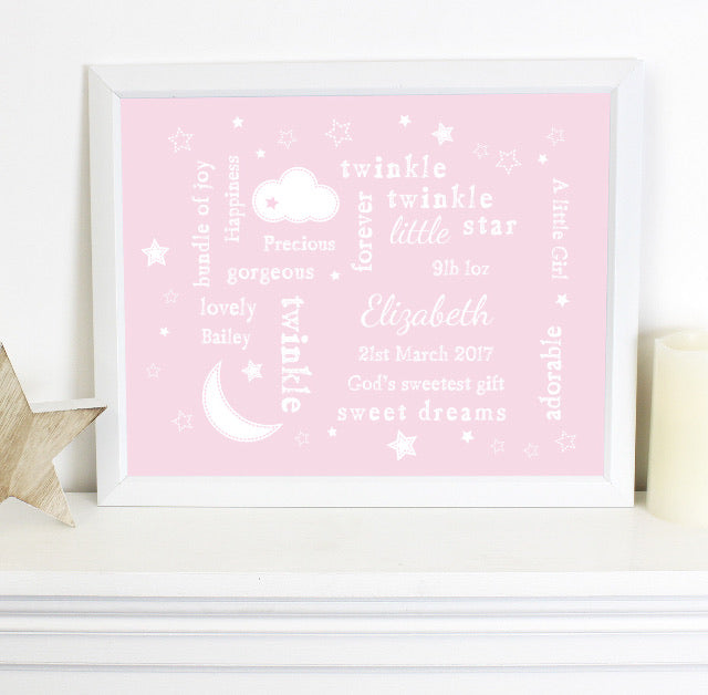 Personalised Pink Twinkle Twinkle Typography White Framed Print