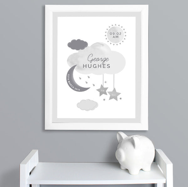 Personalised New Baby Moon & Stars White Framed Print