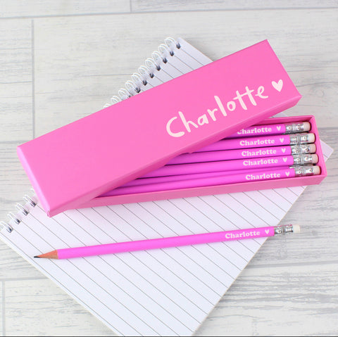 Personalised Heart Box and 12 Pink HB Pencils