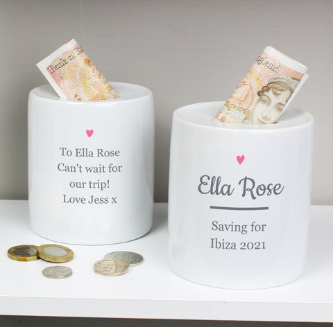 Personalised Pink Heart Motif Ceramic Money Box