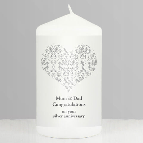 Personalised Silver Damask Heart Pillar Candle